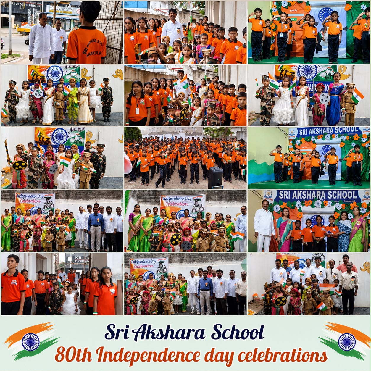 Photo collage of students and staff at Sri Akshara School celebrating the 80th Independence Day in 2026